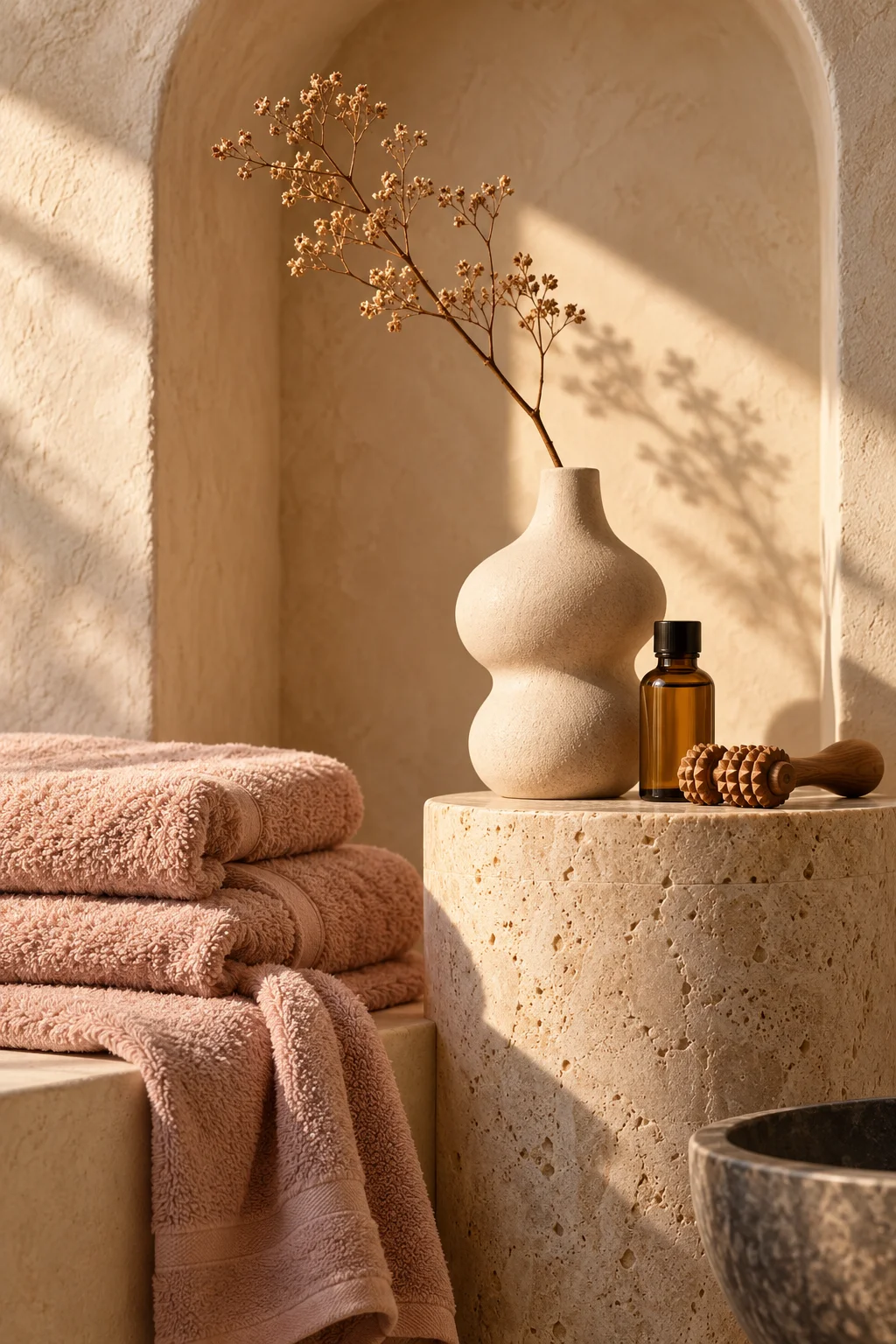 Imagen conceptual de toallas, aceite y cerámica en una composición de spa